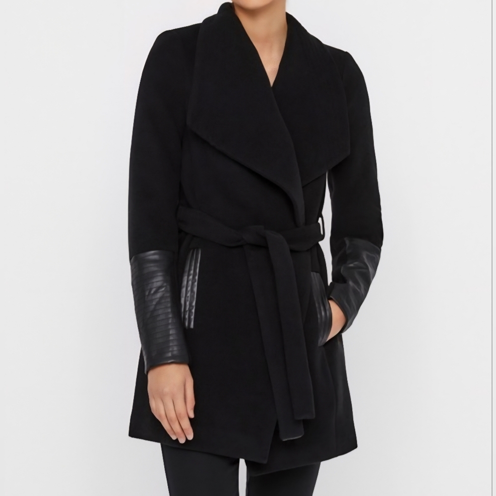 Wrap Coat With Faux Leather Trim